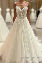 Long A-Line Spaghetti Straps Sweetheart Floral Lace Tulle Wedding Dress