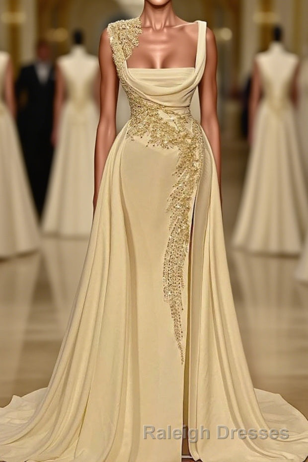 Long A Line Square Neckline Satin Ivory Prom Dresses With Slit Main image