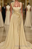 Long A Line Square Neckline Satin Ivory Prom Dresses With Slit