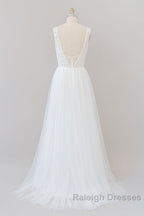 Long A-line Straps V-neck Chiffon Open Back Wedding Dress