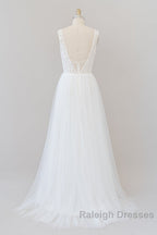 Long A Line Straps V Neck Chiffon Open Back Wedding Dresses