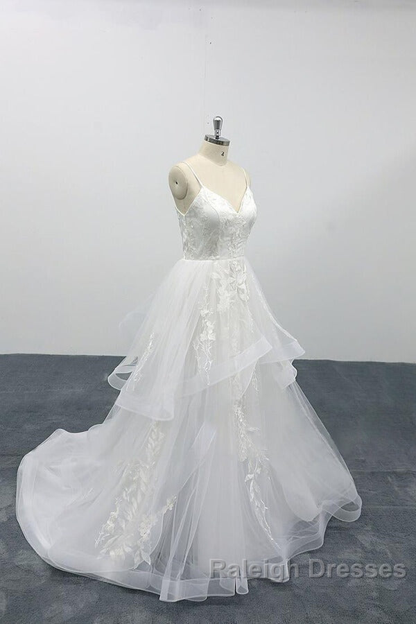 Long A Line Sweetheart Appliques Spaghetti Strap Tulle Wedding Dresses