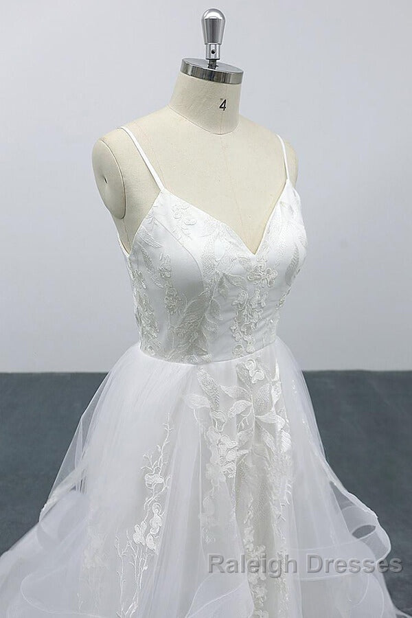 Long A Line Sweetheart Appliques Spaghetti Strap Tulle Wedding Dresses