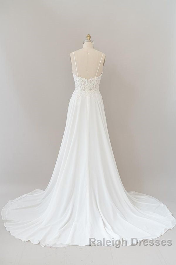 Long A Line Sweetheart Spaghetti Strap Appliques Chiffon Wedding Dresses