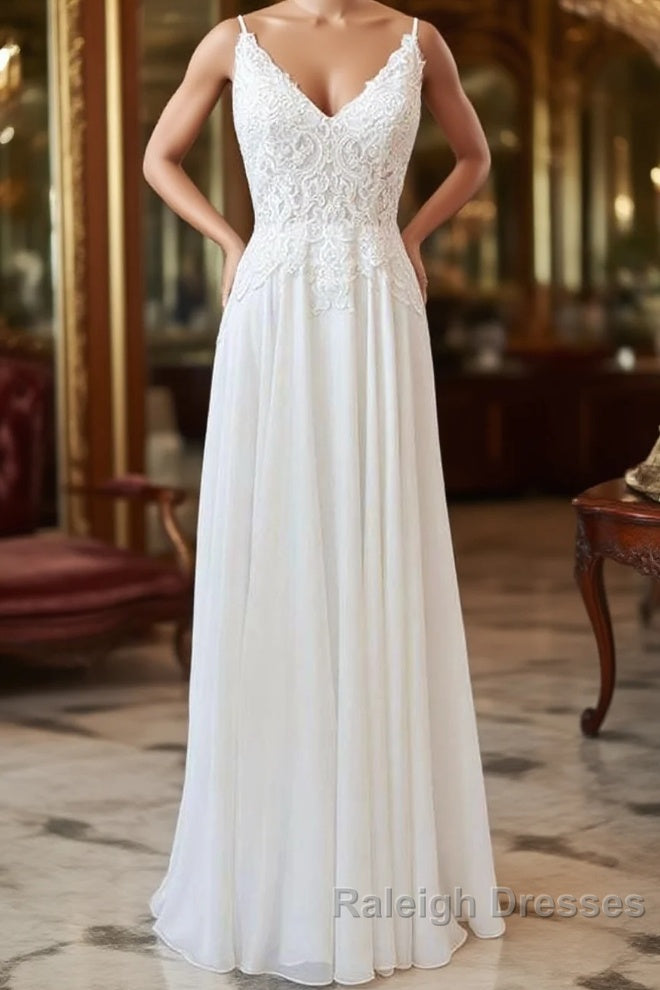 Long A Line Sweetheart Spaghetti Strap Appliques Chiffon Wedding Dresses