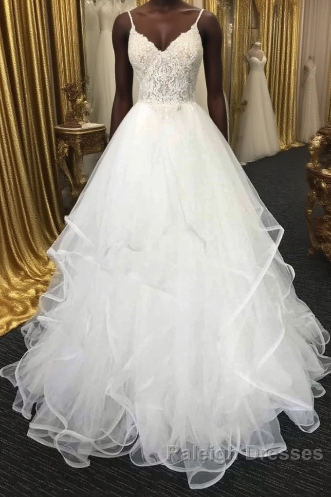 Long A Line Sweetheart Spaghetti Straps Lace Tulle Wedding Dresses
