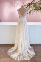 Long A Line Sweetheart Tulle Backless Wedding Dresses With Floral Lace
