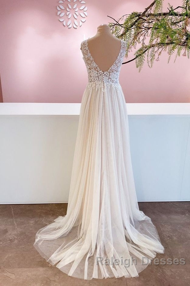 Long A Line Sweetheart Tulle Backless Wedding Dresses With Floral Lace