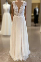 Long A Line Sweetheart Tulle Backless Wedding Dresses With Floral Lace