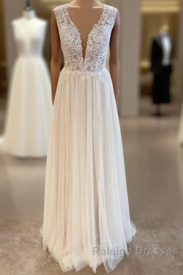 Long A Line Sweetheart Tulle Backless Wedding Dresses With Floral Lace