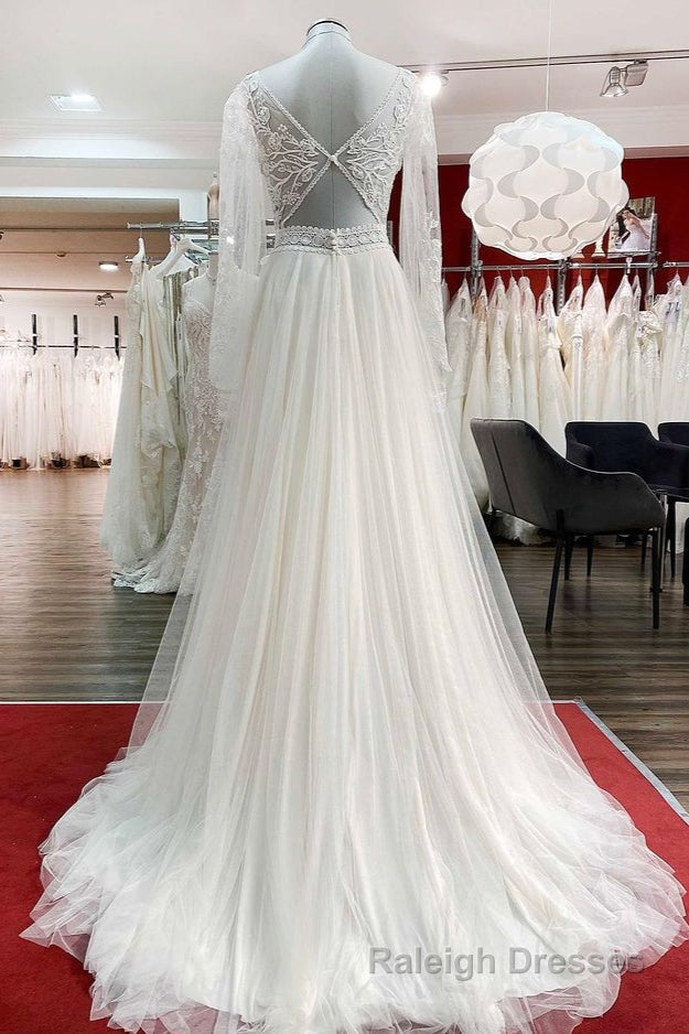 Long A Line Sweetheart Tulle Beadings Lace Appliques Wedding Dresses With Sleeves