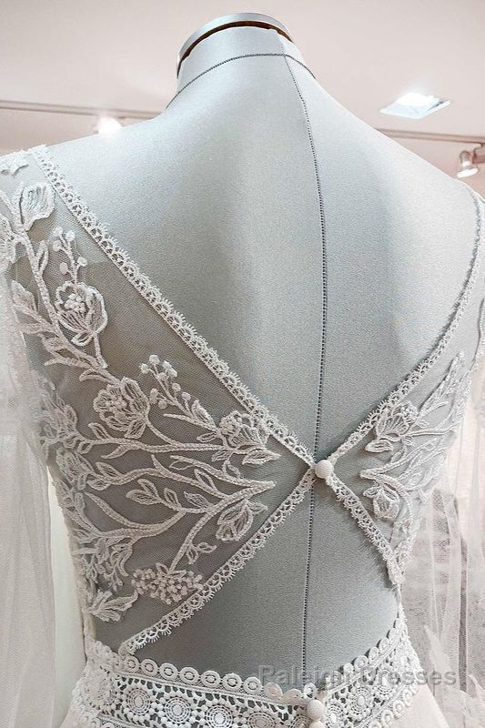 Long A Line Sweetheart Tulle Beadings Lace Appliques Wedding Dresses With Sleeves