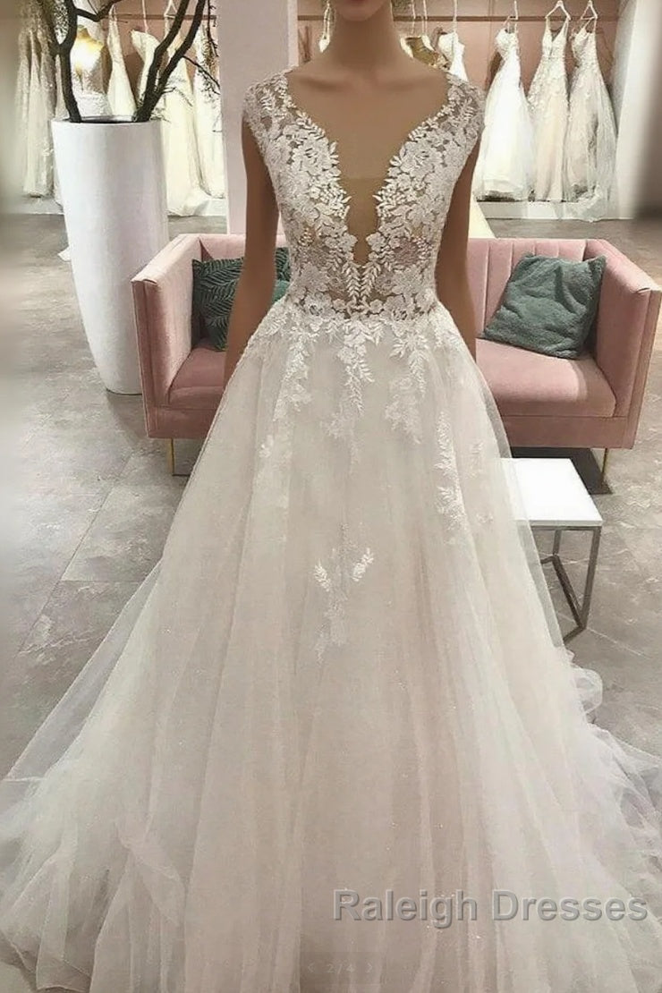 Long A Line Sweetheart Tulle Wedding Dresses With Appliques Lace Main image