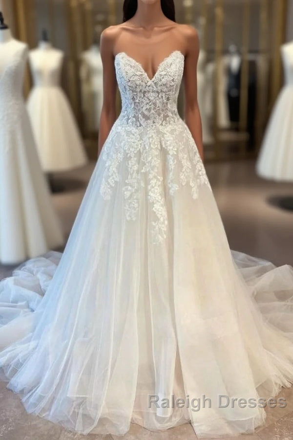 Long A Line Sweetheart Tulle Wedding Dresses with Lace Main image
