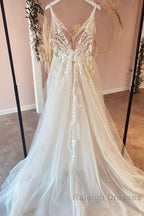 Long A Line Tulle Appliques Lace Spaghetti Straps V Neck Backless Wedding Dresses