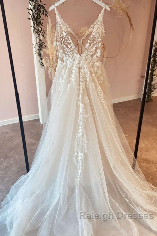 Long A Line Tulle Appliques Lace Spaghetti Straps V Neck Backless Wedding Dresses