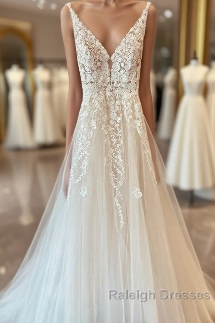 Long A Line Tulle Appliques Lace Spaghetti Straps V Neck Backless Wedding Dresses Main image
