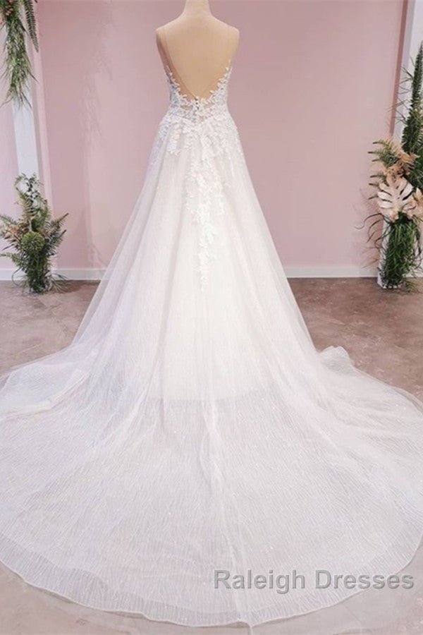 Long A Line Tulle Backless Appliques Lace Sweetheart Wedding Dresses Secondary image