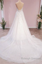 Long A Line Tulle Backless Appliques Lace Sweetheart Wedding Dresses