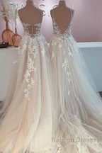 Long A Line Tulle Lace Appliques Backless Wedding Dresses