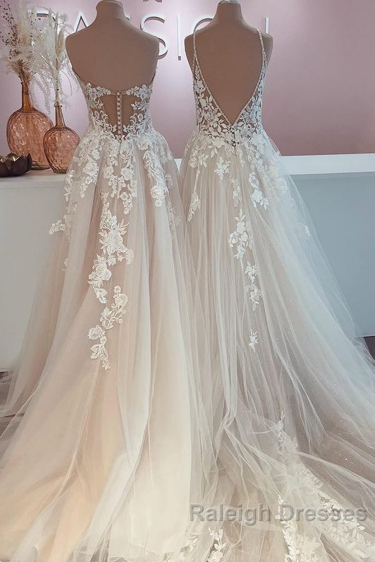 Long A Line Tulle Lace Appliques Backless Wedding Dresses