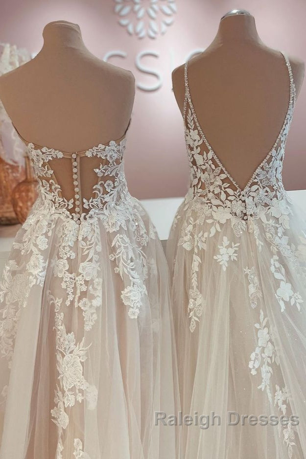 Long A Line Tulle Lace Appliques Backless Wedding Dresses