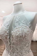 Long A Line Tulle Open Back Halter Sleeveless Lace Wedding Dress
