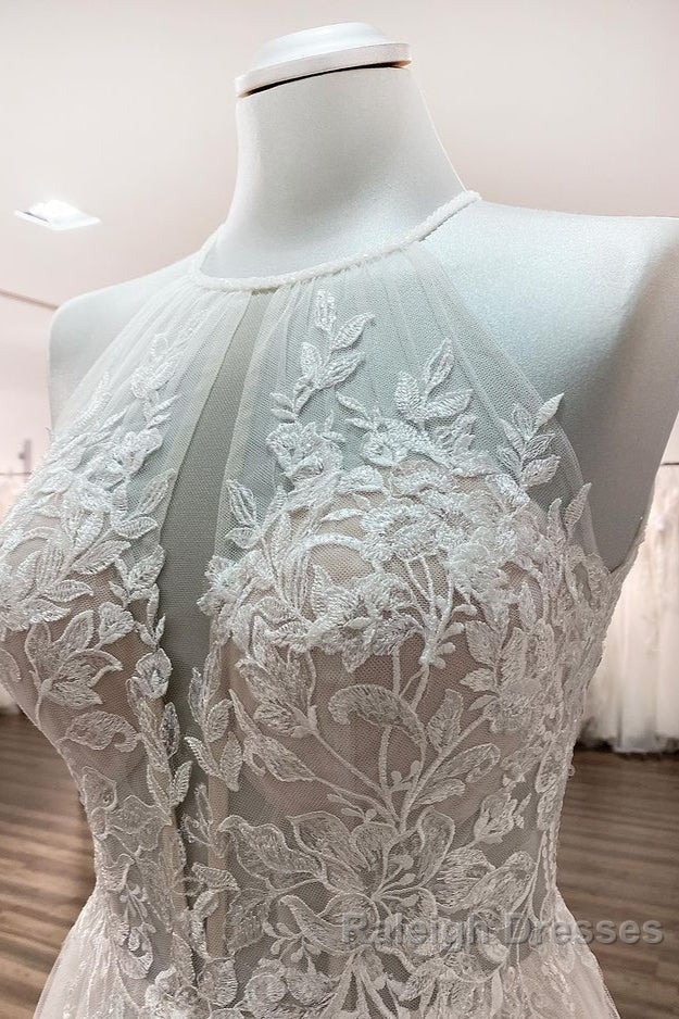 Long A Line Tulle Open Back Halter Sleeveless Lace Wedding Dress