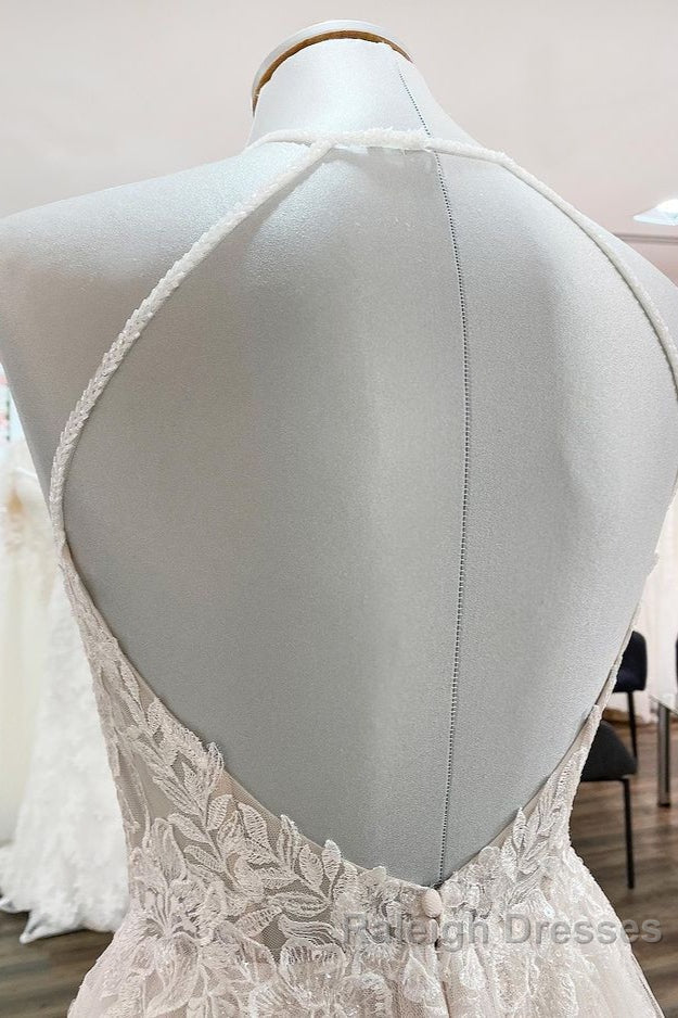 Long A Line Tulle Open Back Halter Sleeveless Lace Wedding Dress