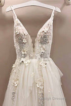 Long A Line Tulle V Neck Lace Applique Wedding Dress