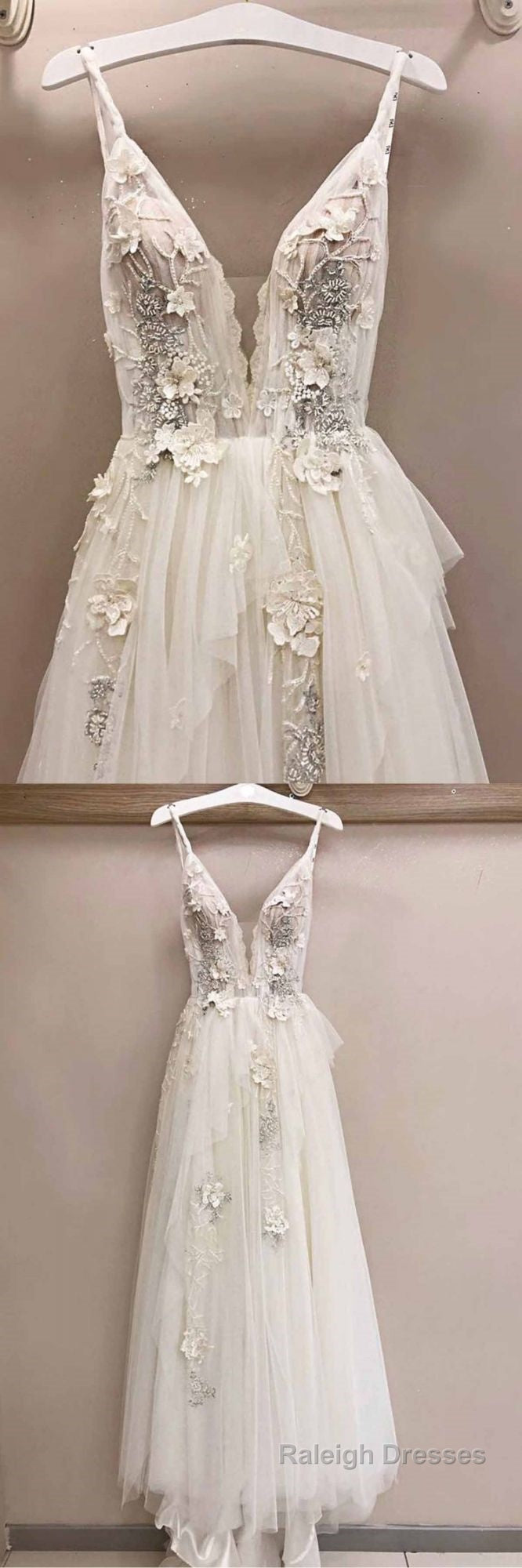 Long A Line Tulle V Neck Lace Applique Wedding Dress