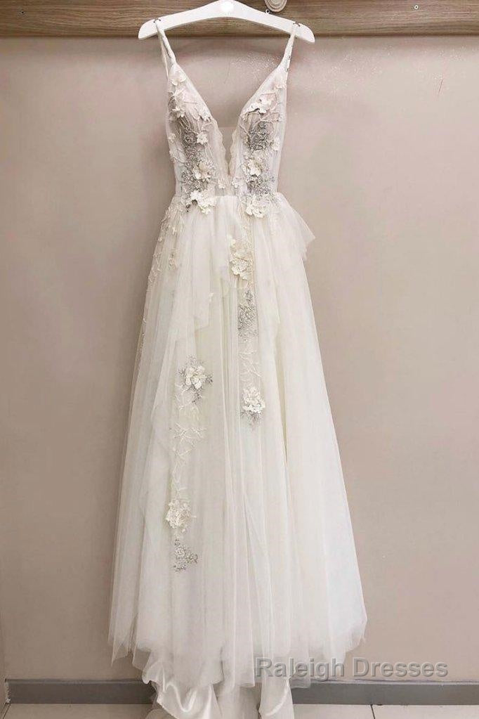 Long A Line Tulle V Neck Lace Applique Wedding Dress Main image