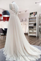 Long A Line Tulle V Neck Open Back Appliques Lace Wedding Dresses