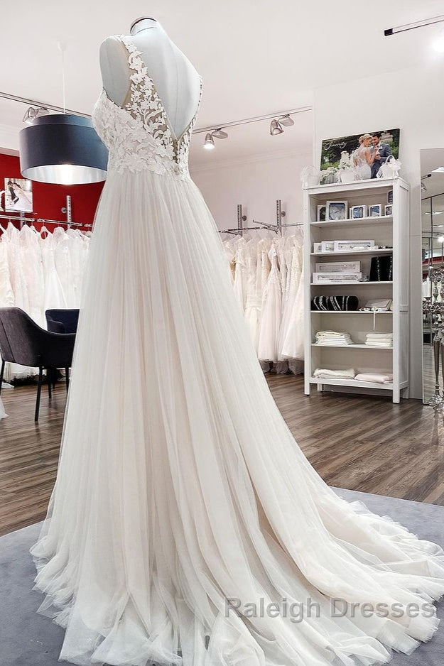 Long A Line Tulle V Neck Open Back Appliques Lace Wedding Dresses