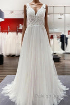 Long A-line Tulle V Neck Open Back Appliques Lace Wedding Dress
