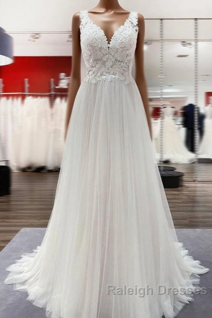 Long A Line Tulle V Neck Open Back Appliques Lace Wedding Dresses