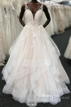 Long A-line Tulle V Neck Open Back Layered Wedding Dress