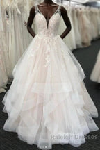 Long A Line Tulle V Neck Open Back Layered Wedding Dresses