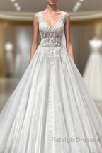 Long A Line V Neck Appliques Lace Backless Tulle Ruffles Wedding Dresses