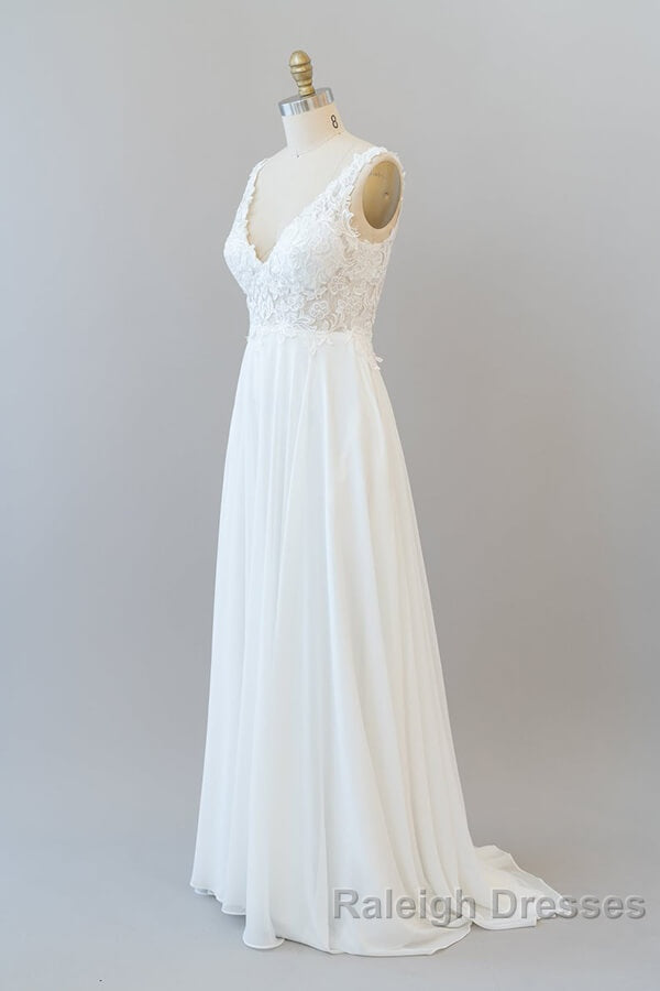 Long A Line V Neck Appliques Lace Chiffon Wedding Dresses