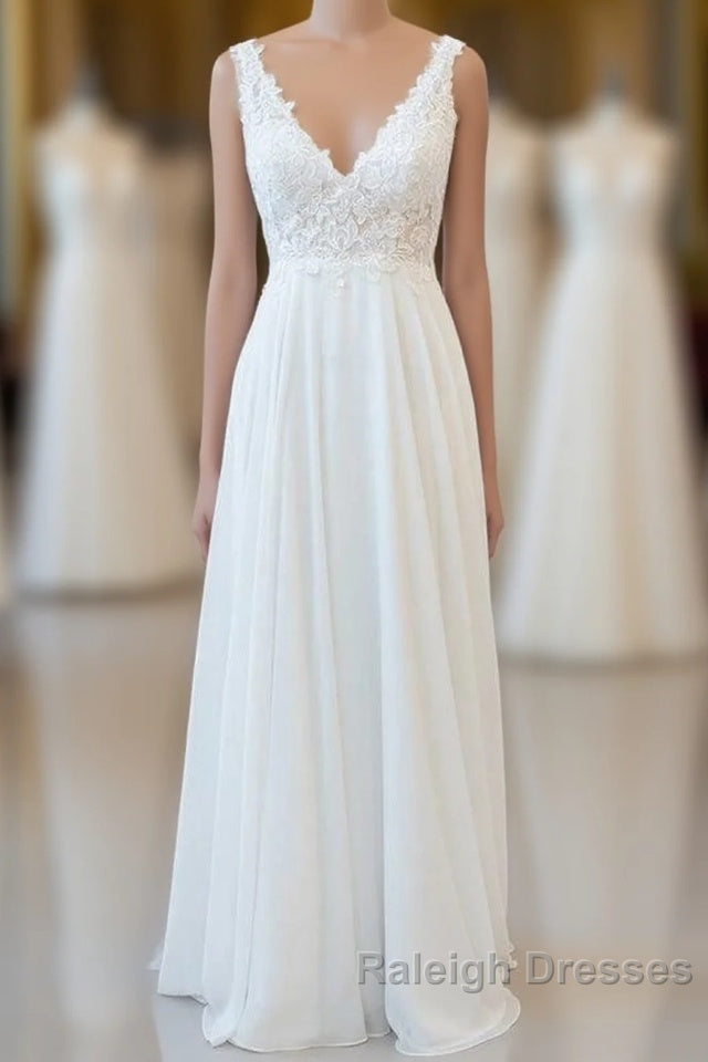Long A-line V-neck Appliques Lace Chiffon Wedding Dress Main image
