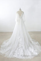Long A-line V-neck Appliques Lace Tulle Backless Wedding Dress with Sleeves