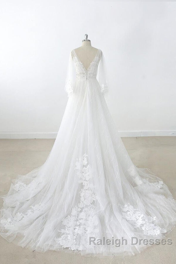 Long A Line V Neck Appliques Lace Tulle Backless Wedding Dresses with Sleeves