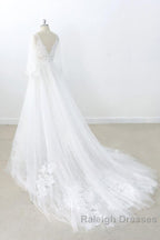 Long A Line V Neck Appliques Lace Tulle Backless Wedding Dresses with Sleeves