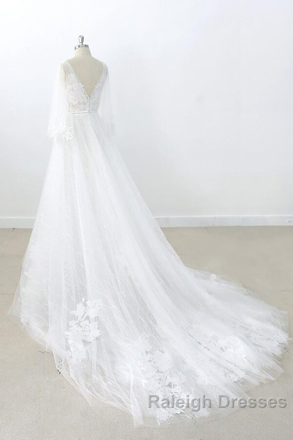 Long A Line V Neck Appliques Lace Tulle Backless Wedding Dresses with Sleeves