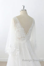 Long A Line V Neck Appliques Lace Tulle Backless Wedding Dresses with Sleeves