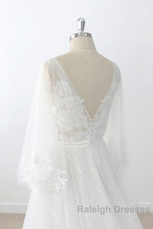 Long A Line V Neck Appliques Lace Tulle Backless Wedding Dresses with Sleeves