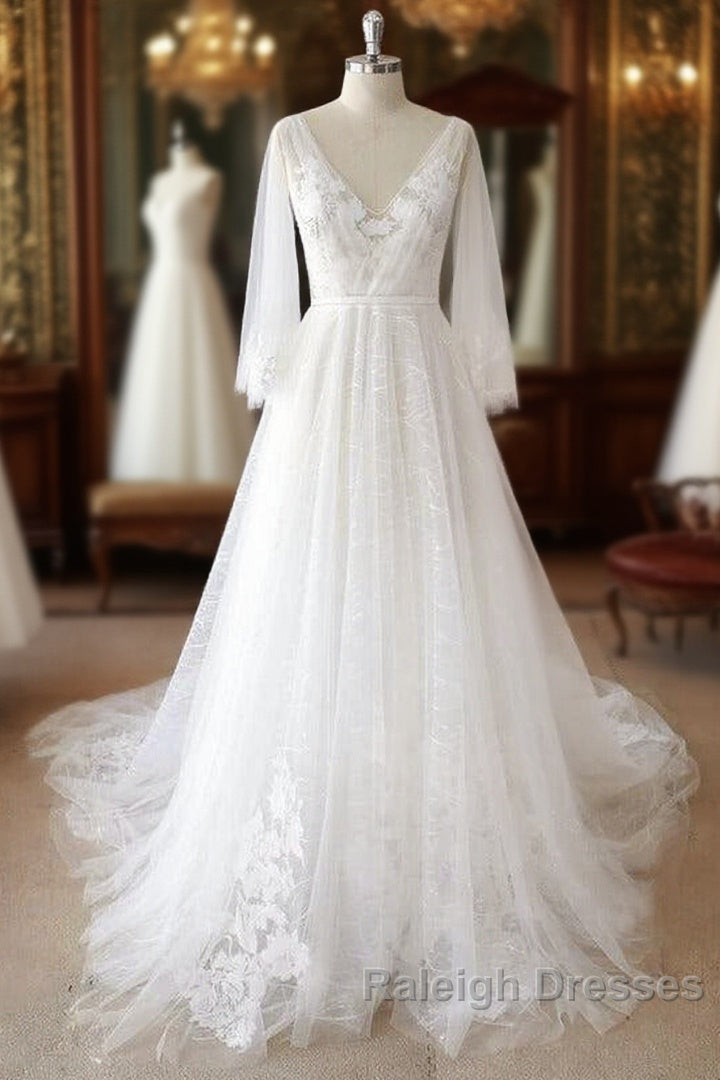 Long A Line V Neck Appliques Lace Tulle Backless Wedding Dresses with Sleeves Main image