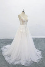 Long A Line V Neck Backless Appliques Lace Tulle Wedding Dresses