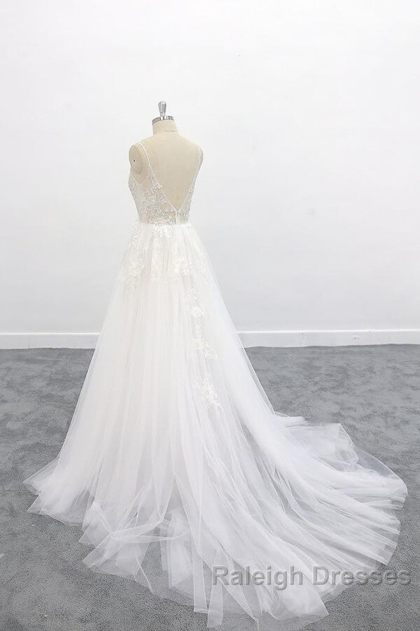 Long A Line V Neck Backless Appliques Lace Tulle Wedding Dresses
